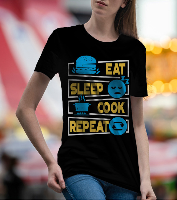 Eat Sleep Cook Repeat Cooking Burger Pot Iconography T-Shirt