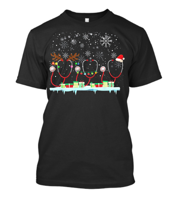 Christmas Nurse Doctor Life Medical Stethoscope Snowflakes Reindeer Hat T-Shirt