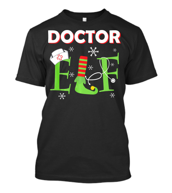 Doctor Elf Christmas Nurse Hat Stethoscope Holiday Snowflakes T-Shirt
