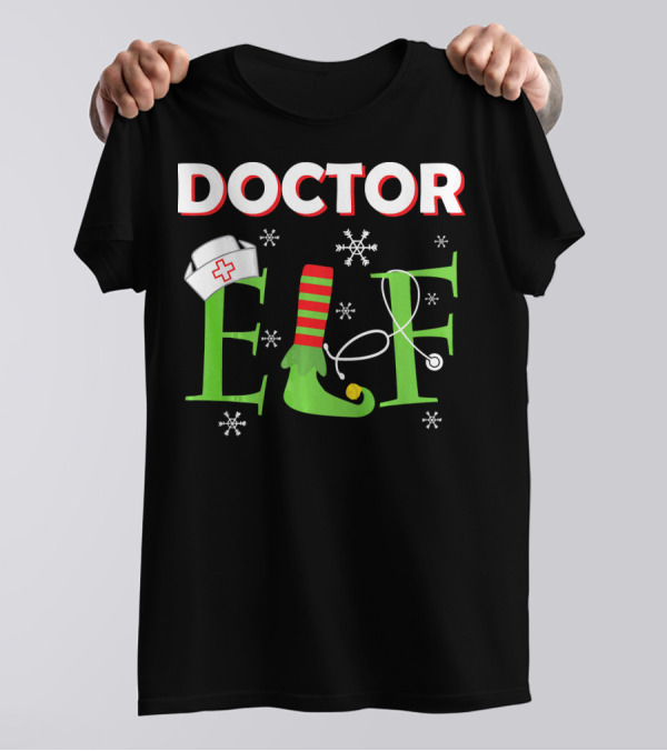 Doctor Elf Christmas Nurse Hat Stethoscope Holiday Snowflakes T-Shirt