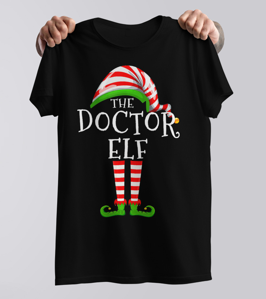 The Doctor Elf Family Matching Group Christmas Striped Hat And Green Shoes T-Shirt