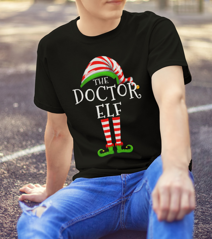 The Doctor Elf Family Matching Group Christmas Striped Hat And Green Shoes T-Shirt