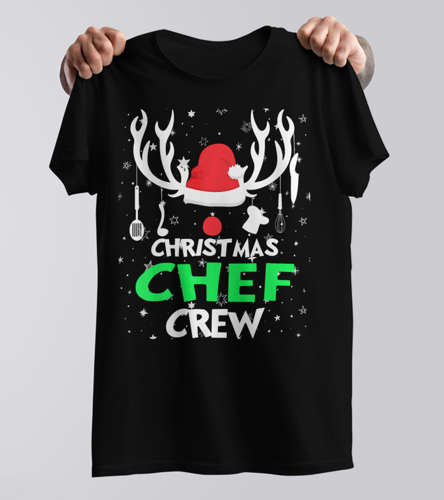 Christmas Chef Crew Funny Holiday Santa Antlers Cooking Utensils T-Shirt
