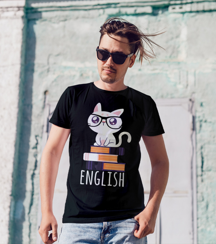 Funny Cat Book Lover Nerd English Cat On Books T-Shirt