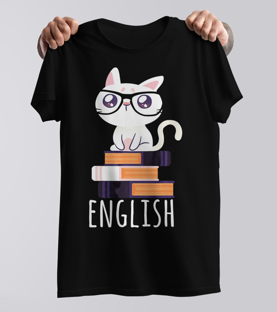 Funny Cat Book Lover Nerd English Cat On Books T-Shirt