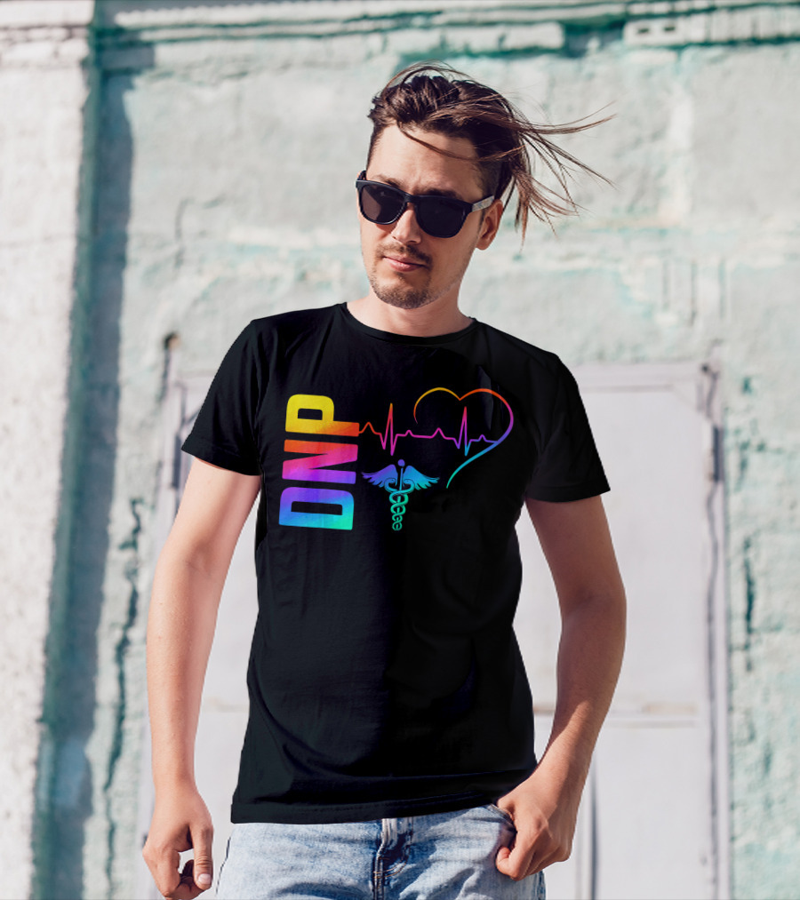 DNP Doctor Of Nursing Practice Heartbeat Caduceus Rainbow T-Shirt