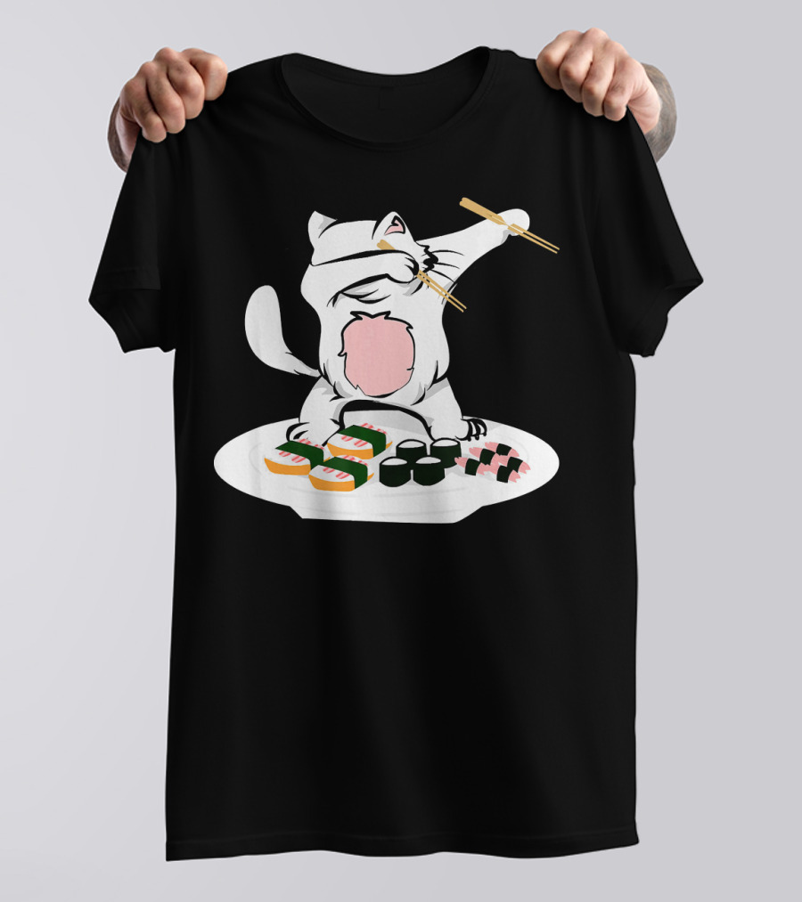 Dabbing Cat Sushi Chef With Chopsticks On Sushi Plate T-Shirt