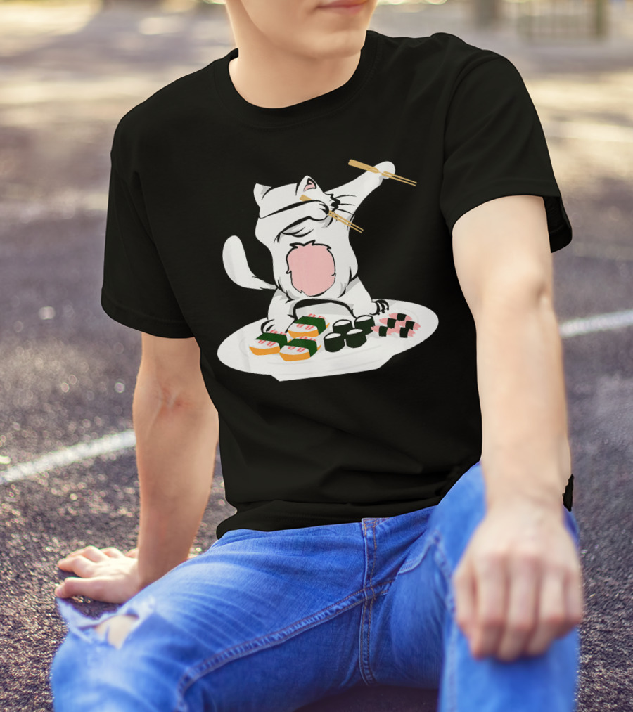 Dabbing Cat Sushi Chef With Chopsticks On Sushi Plate T-Shirt