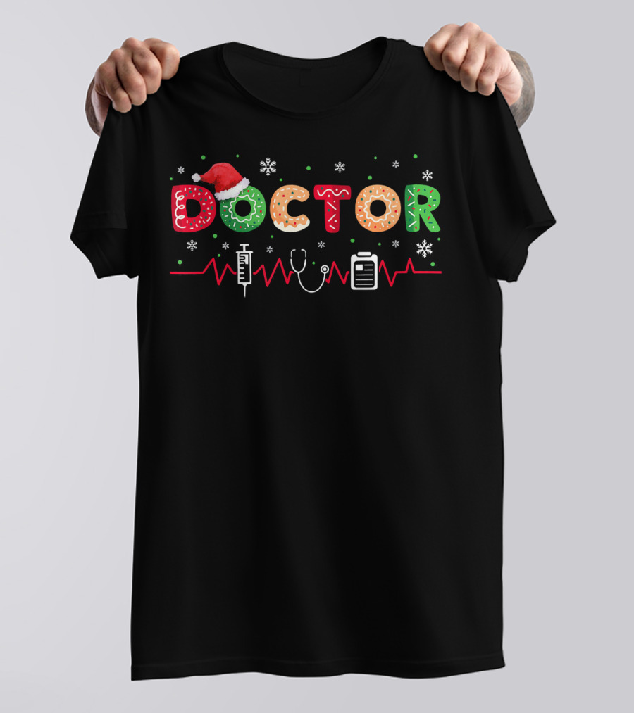 Doctor Santa Hat Christmas Costume Merry Stethoscope Syringe Snowflakes T-Shirt