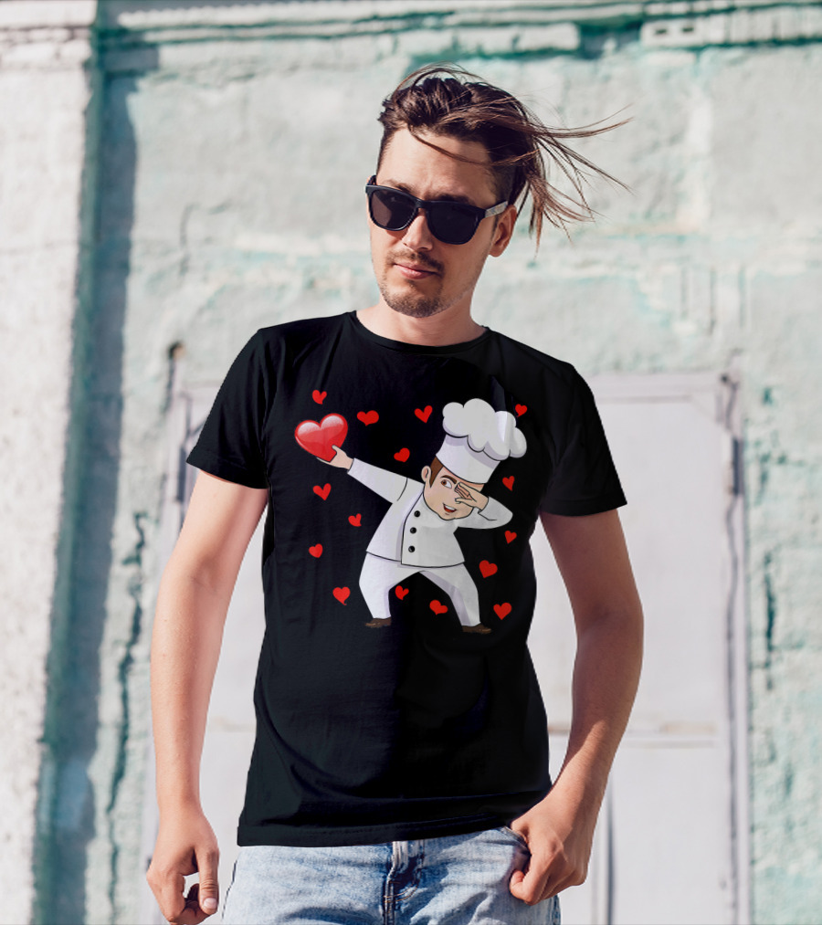 Dabbing Chef Holding Red Heart Surrounded By Love Valentines T-Shirt