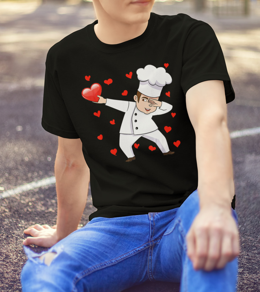 Dabbing Chef Holding Red Heart Surrounded By Love Valentines T-Shirt