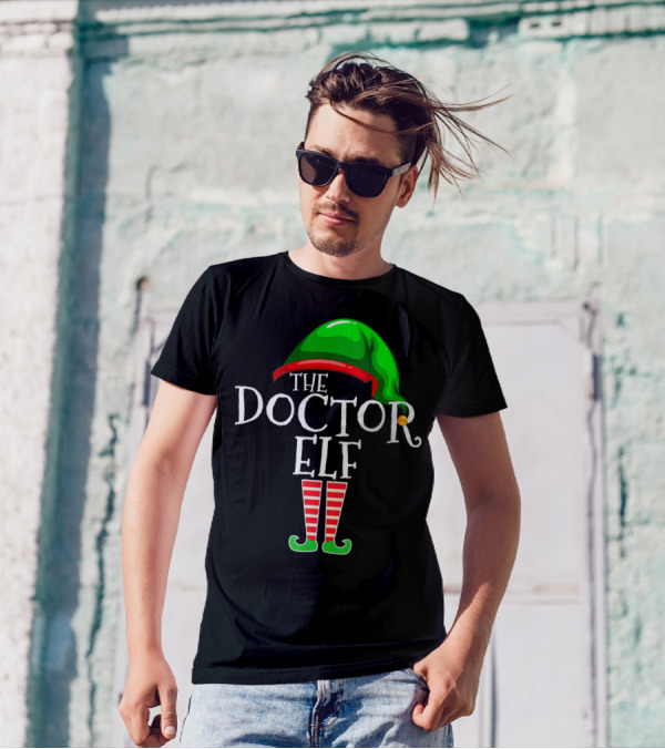 The Doctor Elf Festive Green Hat And Striped Socks T-Shirt