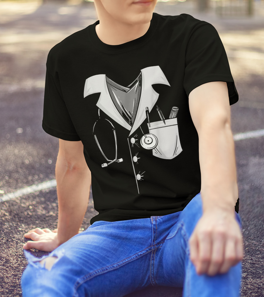 Cool Doctor Uniform Stethoscope And Medical Tools Sketch T-Shirt