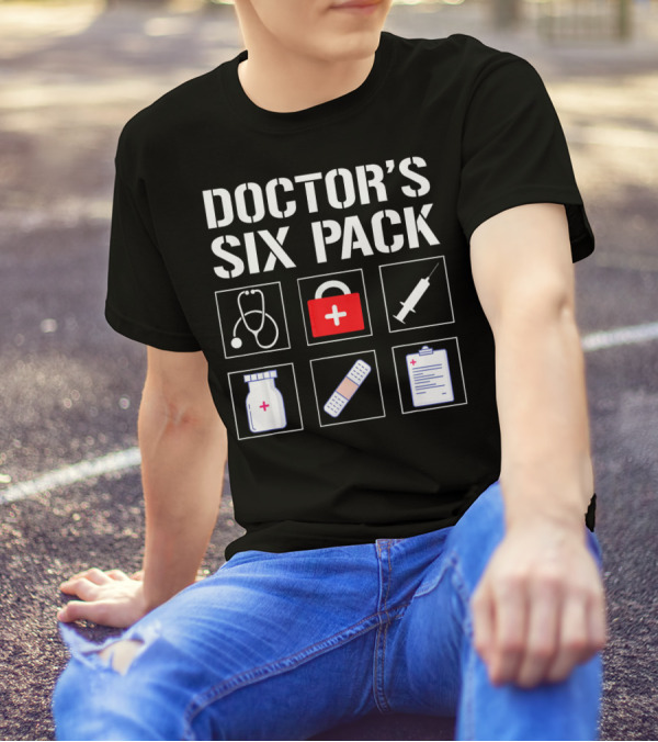 Doctor's Six Pack Stethoscope First Aid Syringe Medicine Bandaid Clipboard T-Shirt