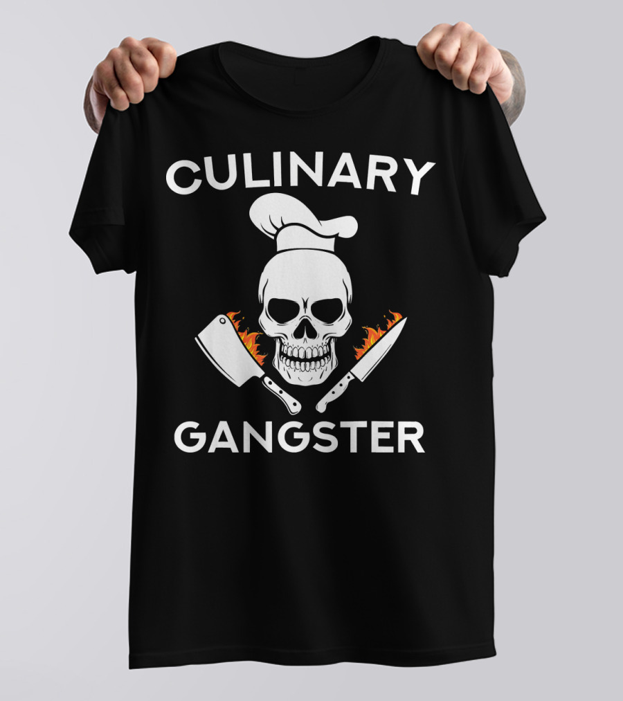 Culinary Gangster Funny Skull Chef With Knives And Fire Sarcasm T-Shirt