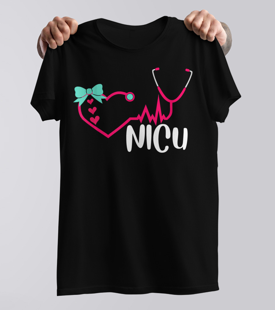 NICU Neonatal Nurse Cute Heart Stethoscope Bow T-Shirt