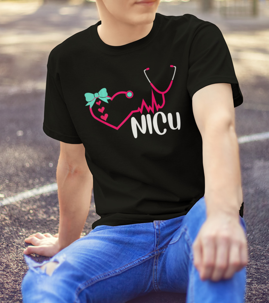 NICU Neonatal Nurse Cute Heart Stethoscope Bow T-Shirt