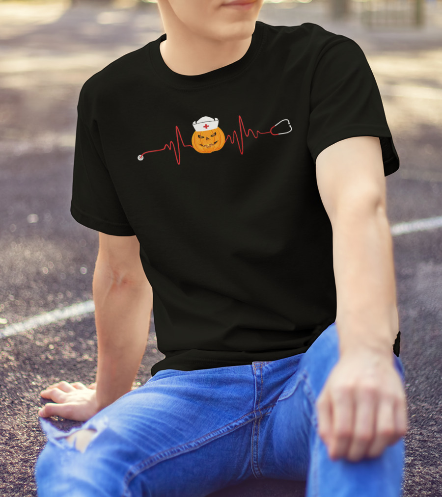 Halloween Nurse Pumpkin With Stethoscope Heartbeat T-Shirt