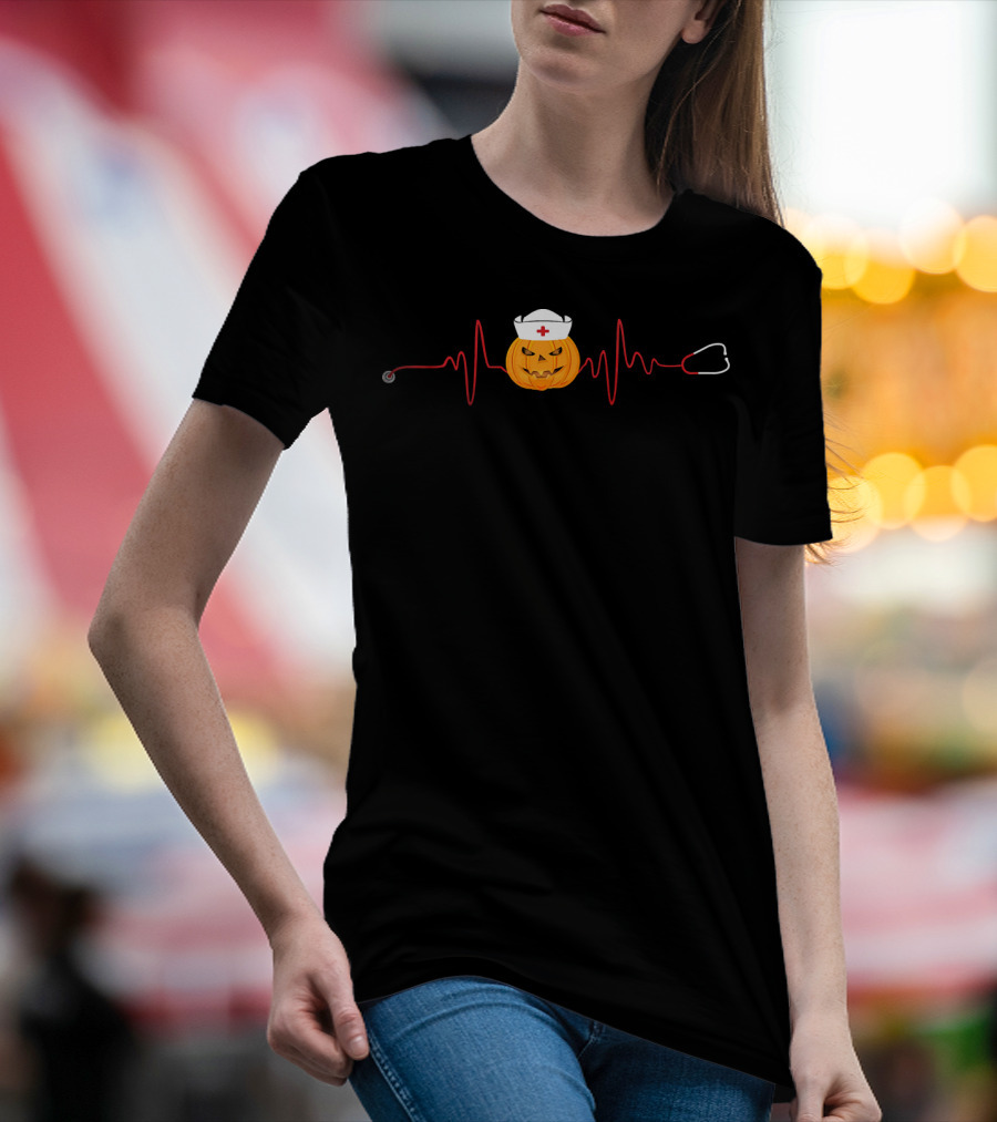 Halloween Nurse Pumpkin With Stethoscope Heartbeat T-Shirt
