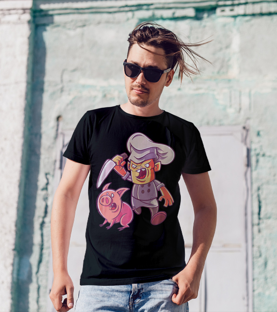 Piggy Butcher Chef Holding Knife Cartoon With Pig T-Shirt