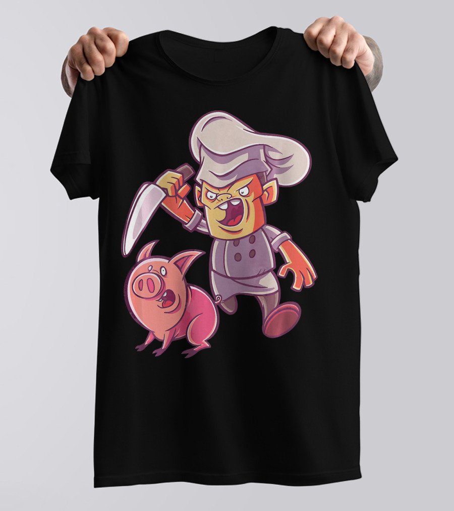 Piggy Butcher Chef Holding Knife Cartoon With Pig T-Shirt