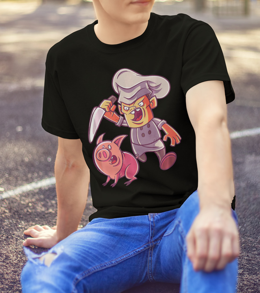 Piggy Butcher Chef Holding Knife Cartoon With Pig T-Shirt