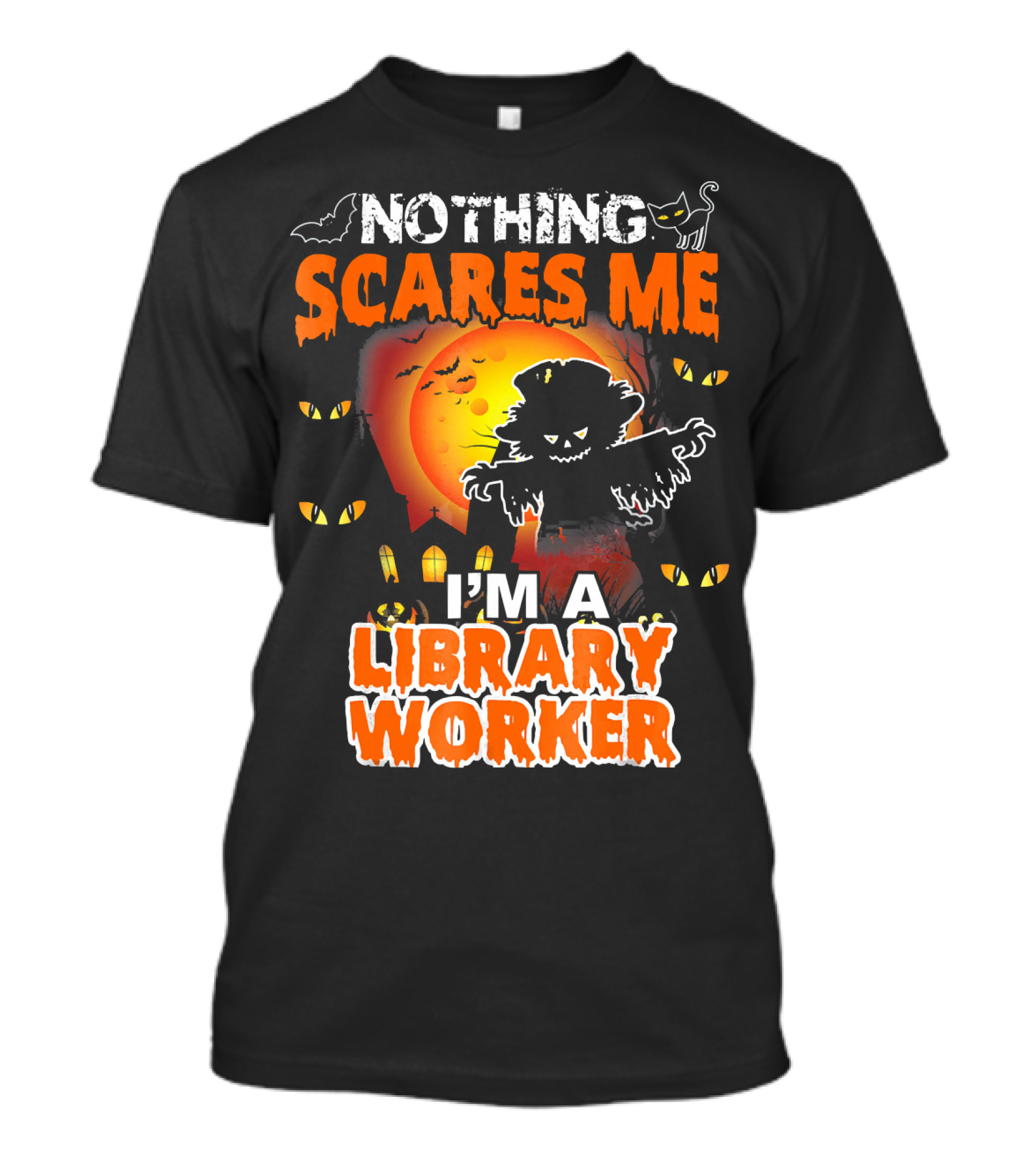 Nothing Scares Me I'm A Library Worker Halloween Scarecrow And Cat T-Shirt