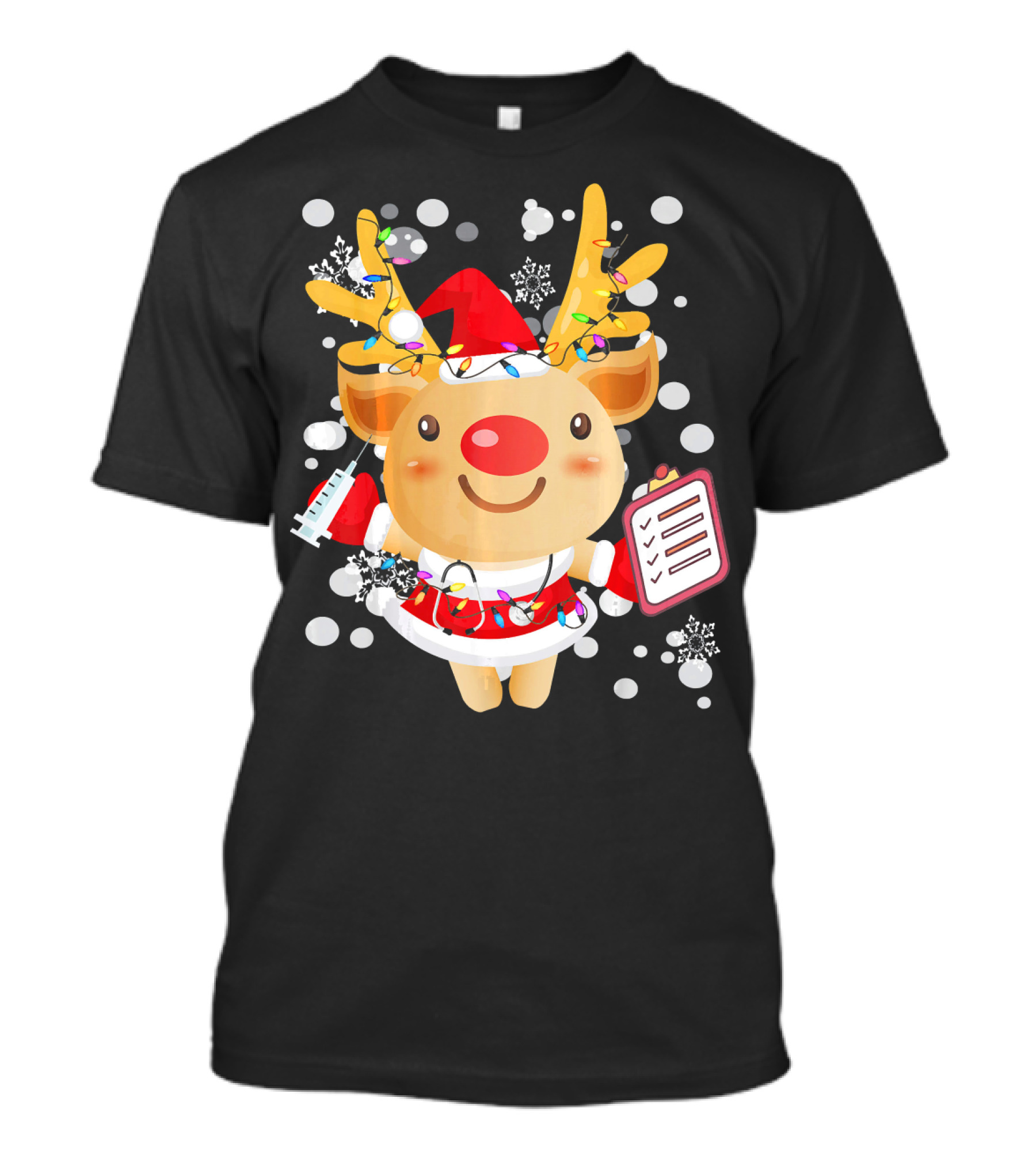 Funny Xmas Reindeer Doctor Nurse Santa Outfit Lights Snowflakes T-Shirt