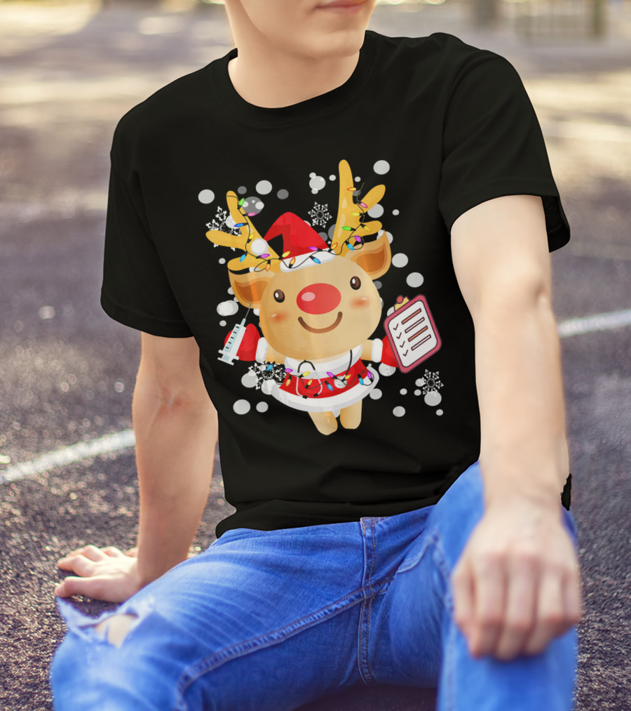 Funny Xmas Reindeer Doctor Nurse Santa Outfit Lights Snowflakes T-Shirt
