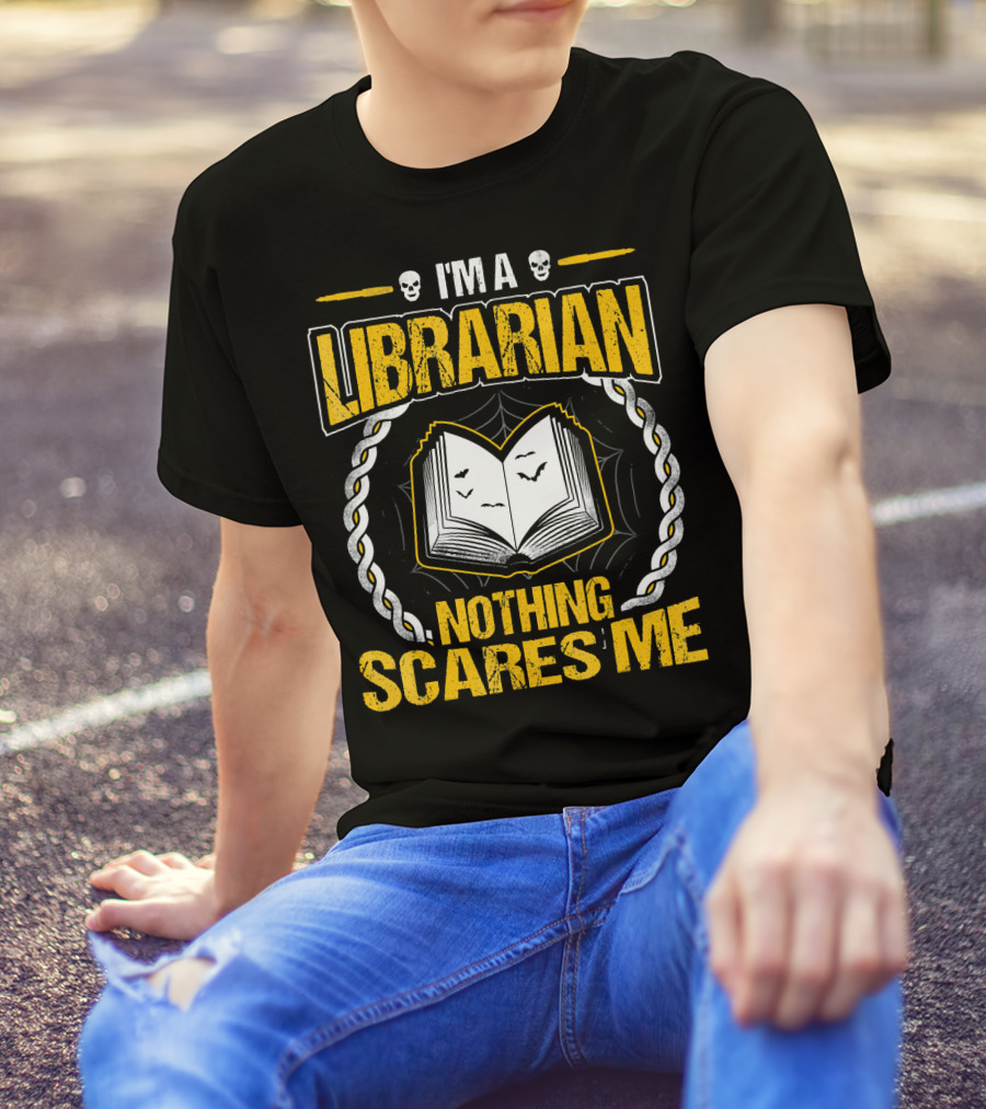 I'm A Librarian Nothing Scares Me Open Book With Bats And Skulls T-Shirt