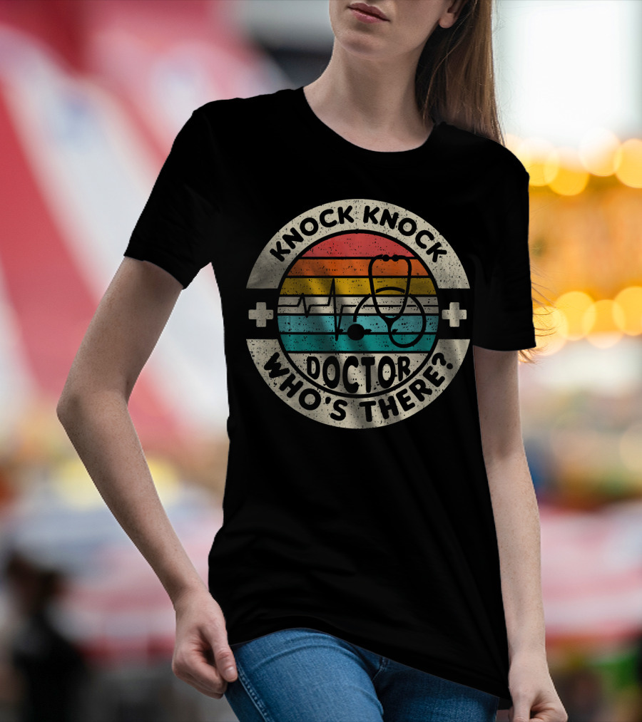Knock Knock Who's There Doctor Stethoscope Pulse Retro Stripes T-Shirt