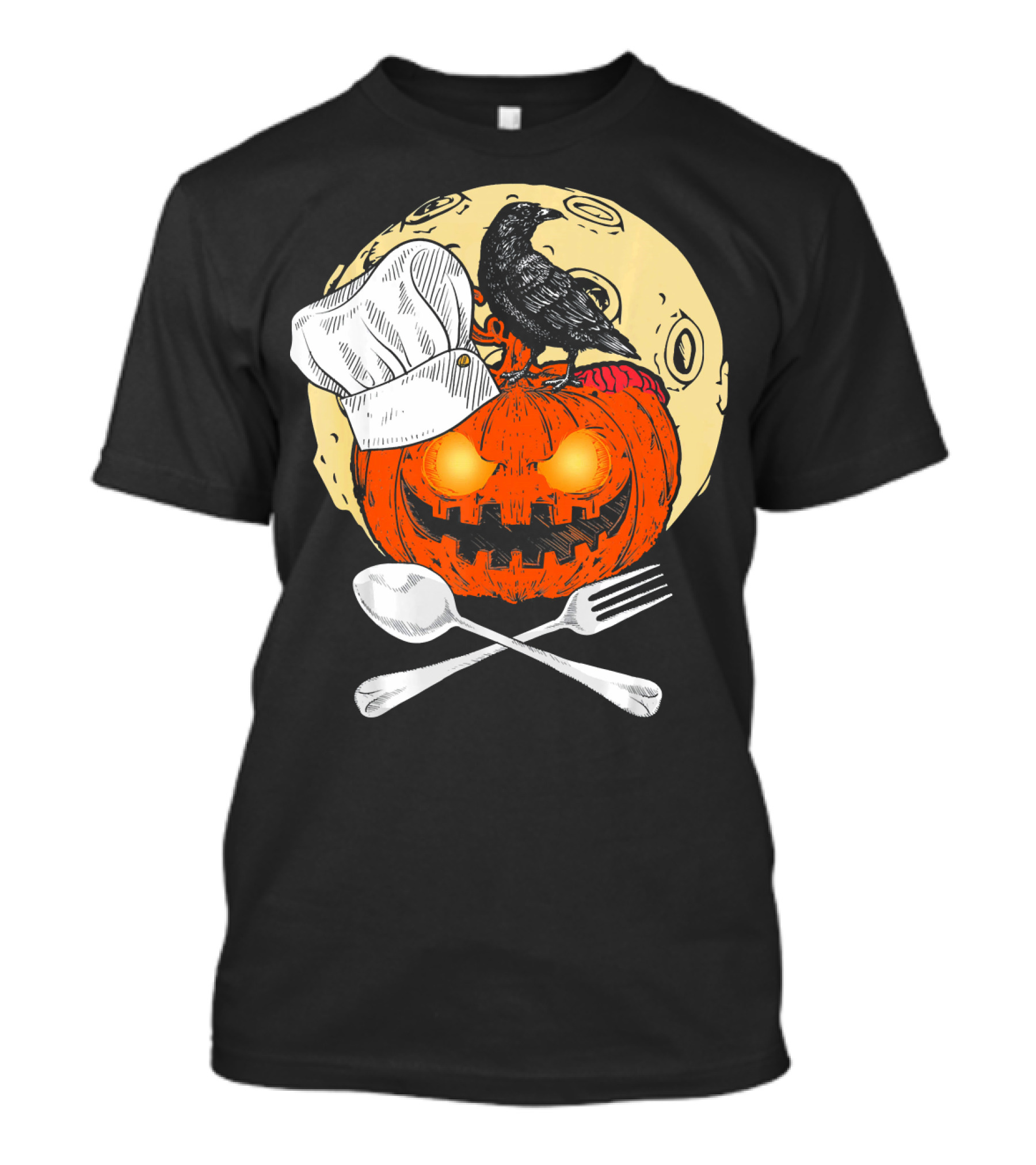 Halloween Chef Pumpkin With Raven And Utensils T-Shirt