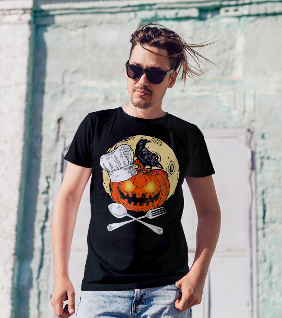 Halloween Chef Pumpkin With Raven And Utensils T-Shirt
