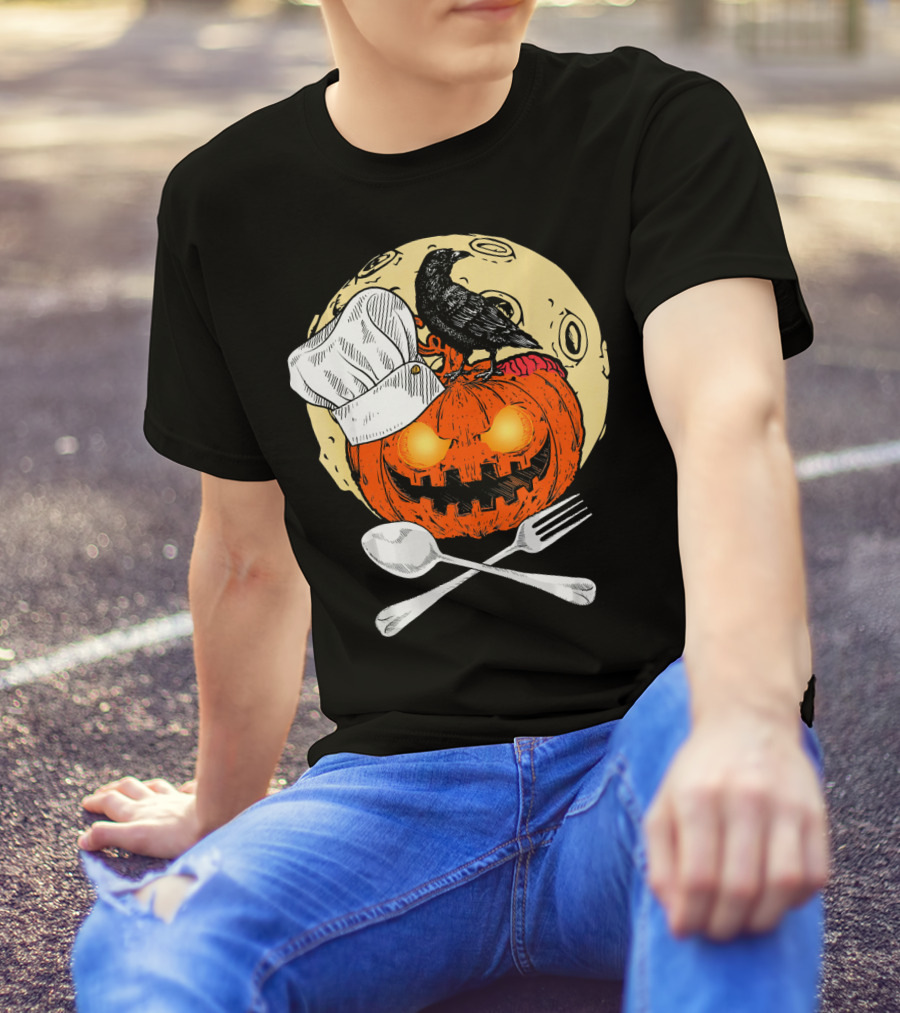 Halloween Chef Pumpkin With Raven And Utensils T-Shirt