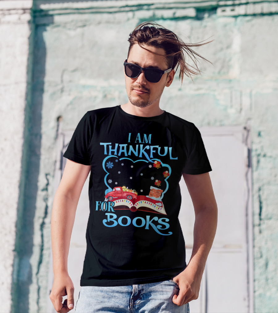 I Am Thankful For Books Funny Librarian Snowflakes Red Truck T-Shirt