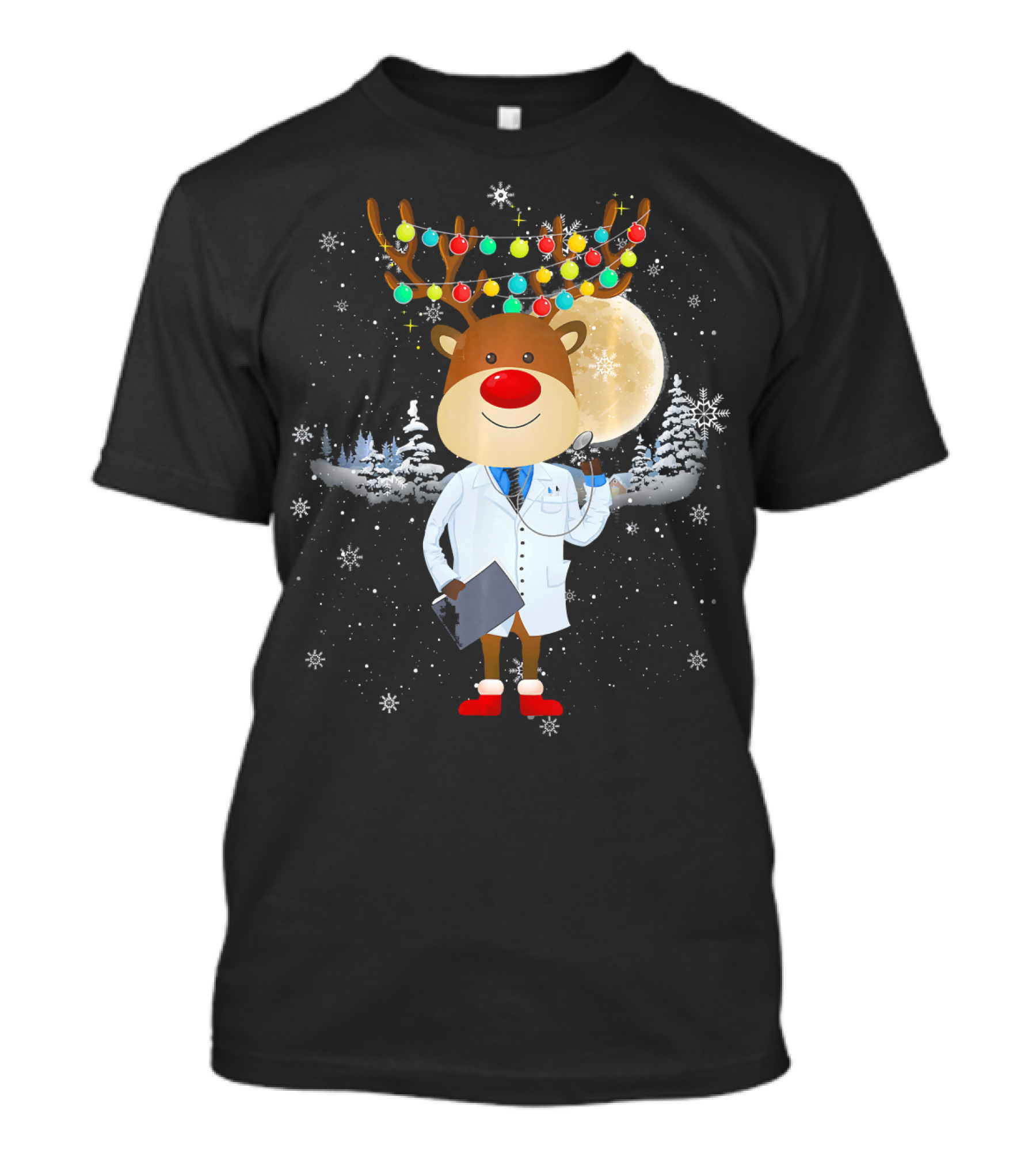 Funny Xmas Reindeer Doctor With Holiday Lights And Moon Snowflakes T-Shirt