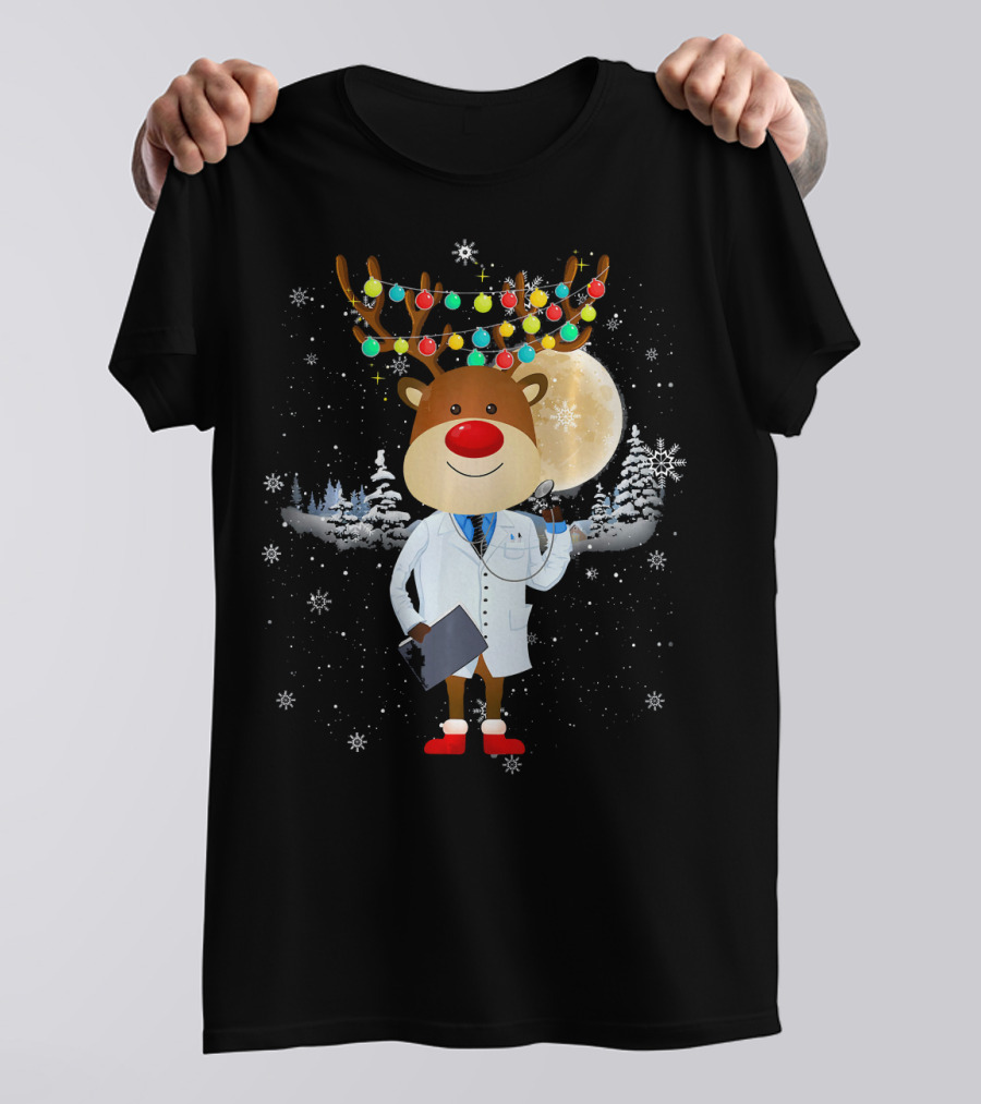 Funny Xmas Reindeer Doctor With Holiday Lights And Moon Snowflakes T-Shirt