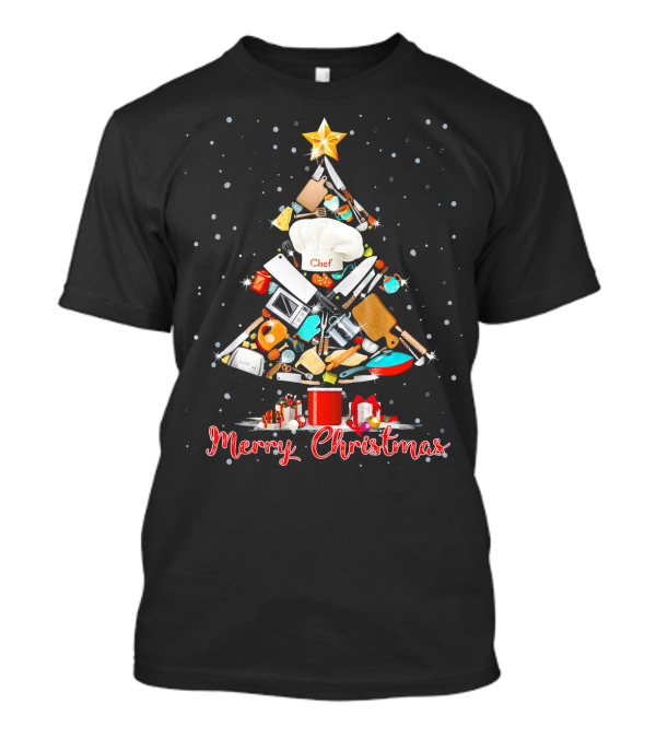 Merry Christmas Chef Tree Kitchen Utensils Hat Funny Holiday T-Shirt