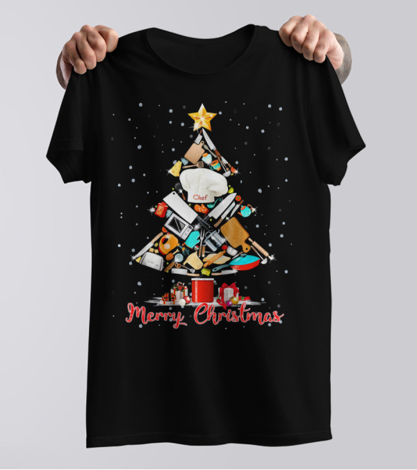 Merry Christmas Chef Tree Kitchen Utensils Hat Funny Holiday T-Shirt