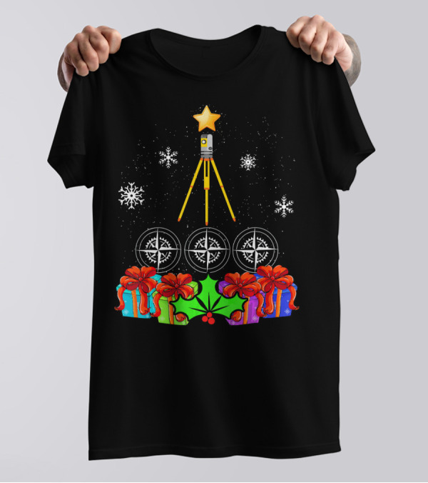 Funny Christmas Tree With Survey Equipment And Holiday Decorations T-Shirt