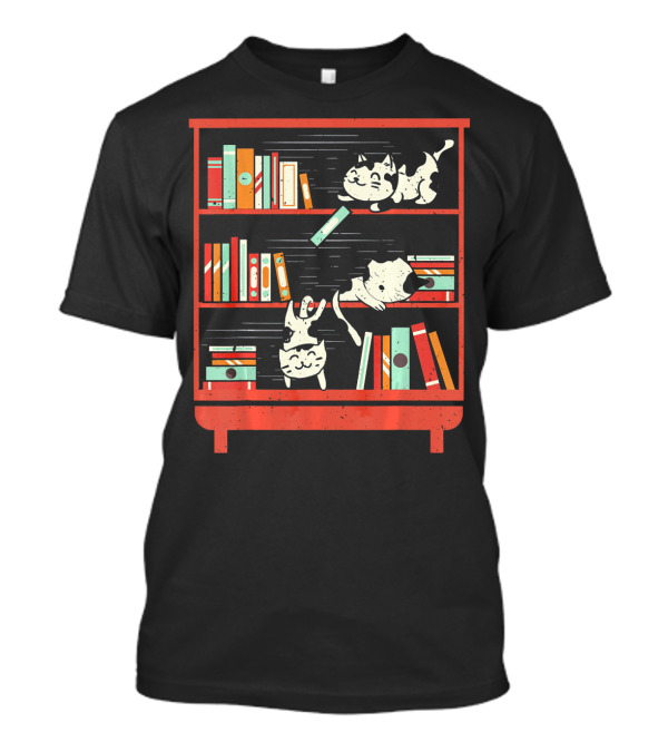 Cats Playing Among Bookshelves For Library And Book Lovers T-Shirt
