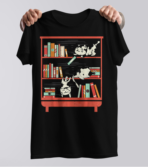 Cats Playing Among Bookshelves For Library And Book Lovers T-Shirt