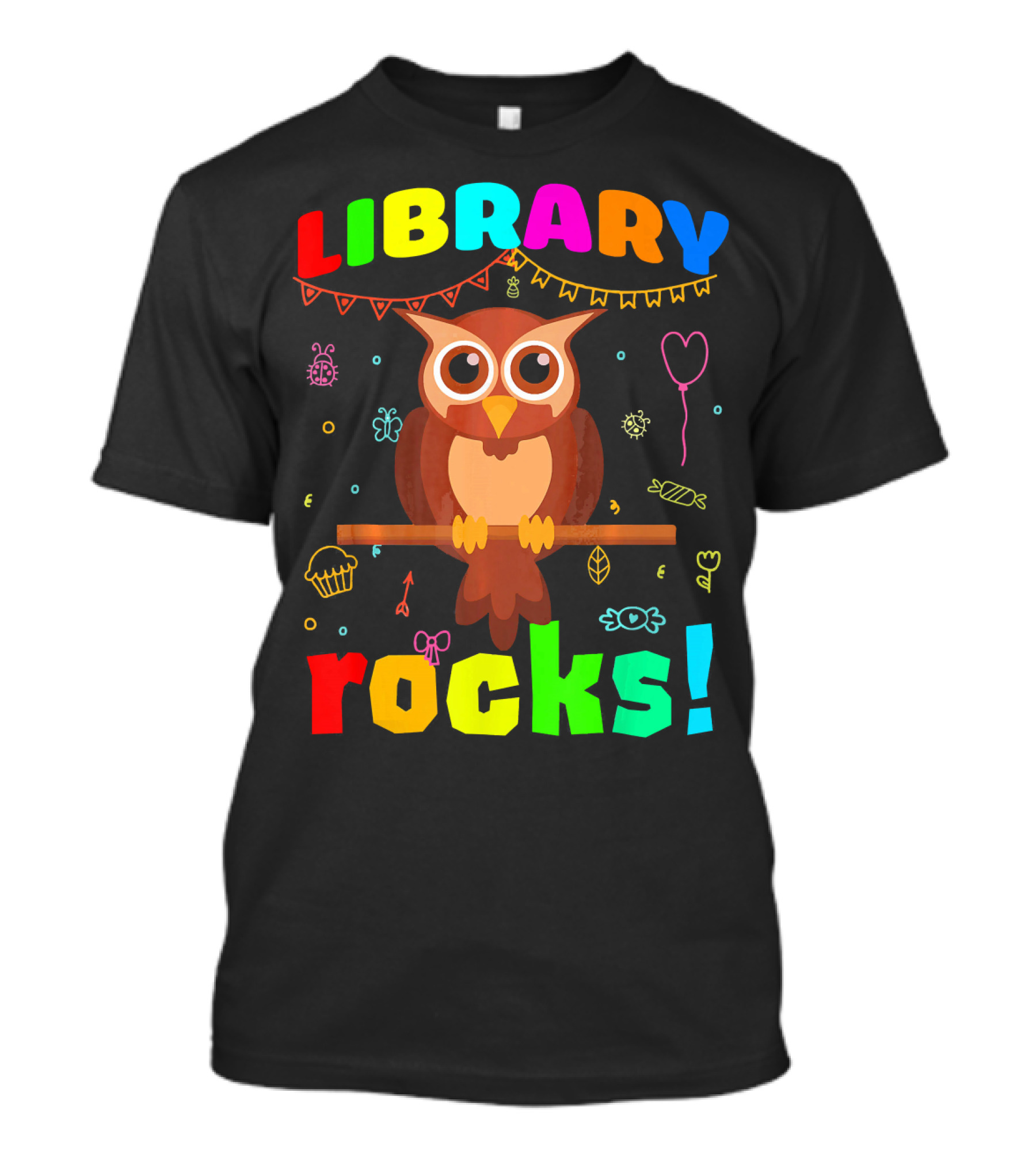 LIBRARY ROCKS Owl With Colorful Doodle Accents T-Shirt