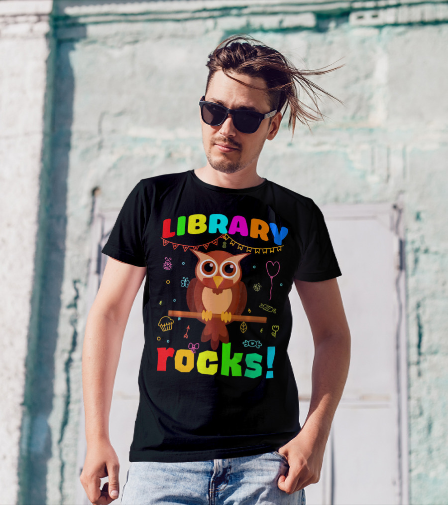 LIBRARY ROCKS Owl With Colorful Doodle Accents T-Shirt