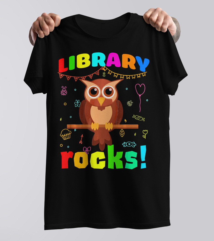 LIBRARY ROCKS Owl With Colorful Doodle Accents T-Shirt