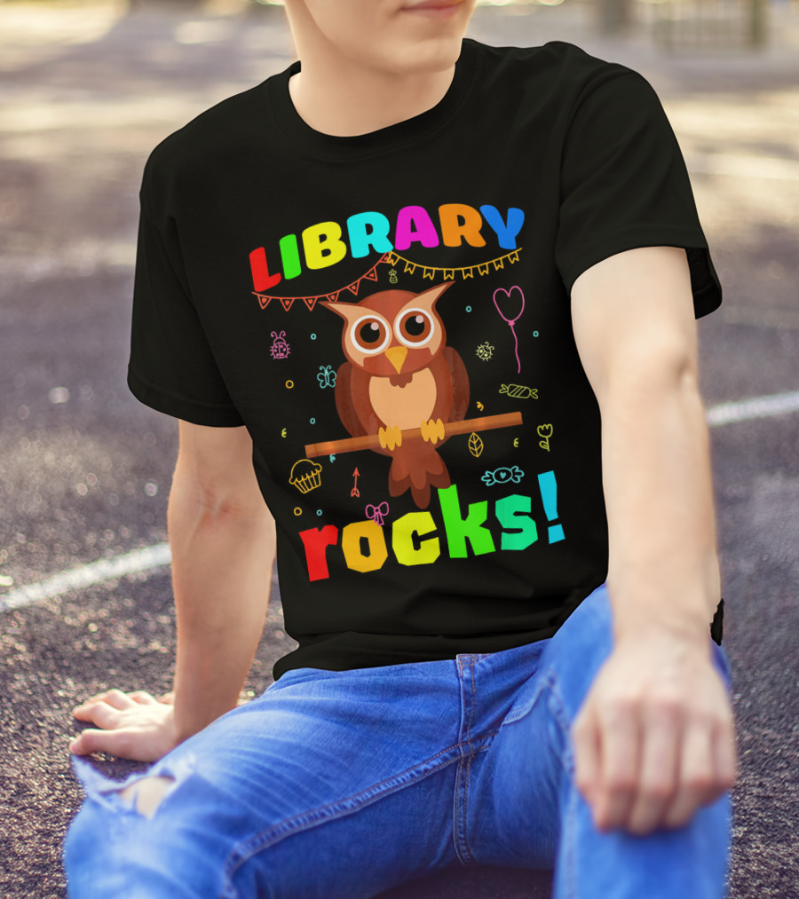 LIBRARY ROCKS Owl With Colorful Doodle Accents T-Shirt