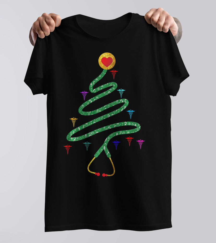 Stethoscope Christmas Tree With Heart And Medical Symbols T-Shirt