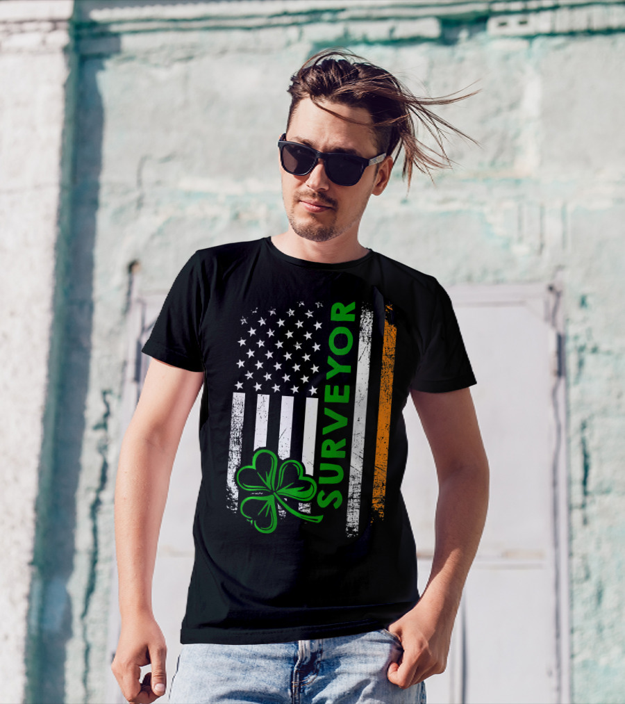 Irish Surveyor With American Flag And Shamrock T-Shirt