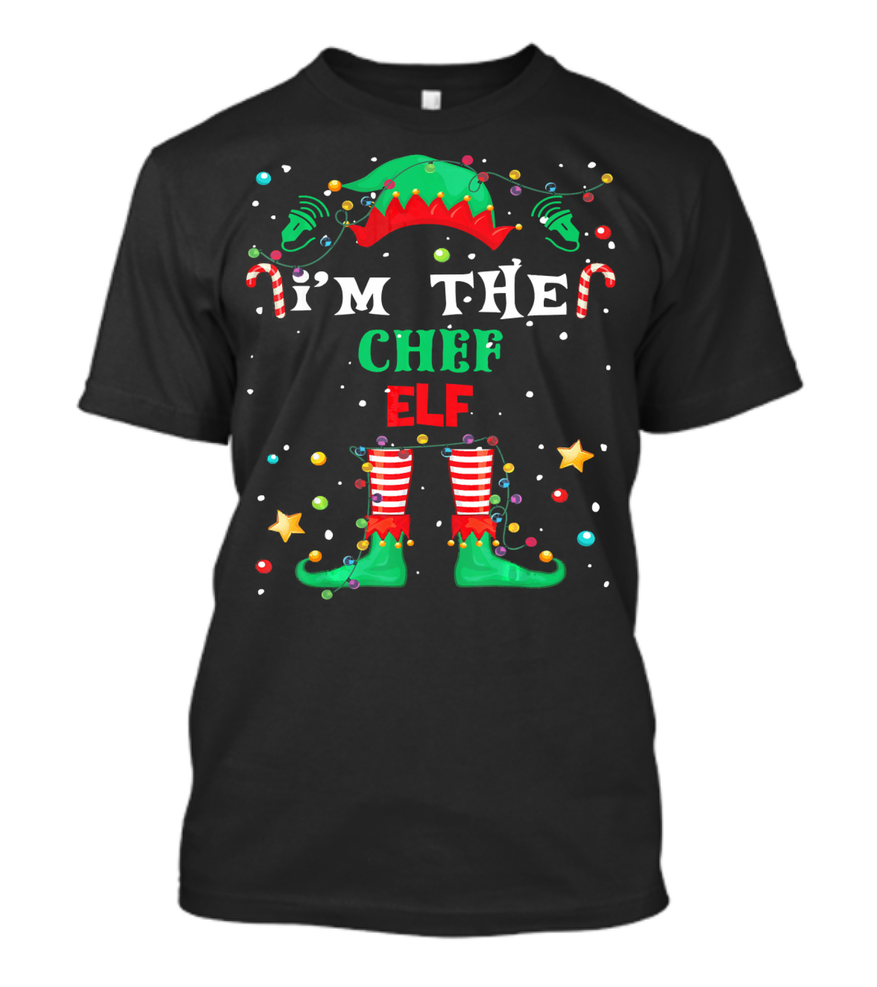 I'M THE CHEF ELF Funny Christmas Lights Candy Cane Striped Stockings Hat T-Shirt