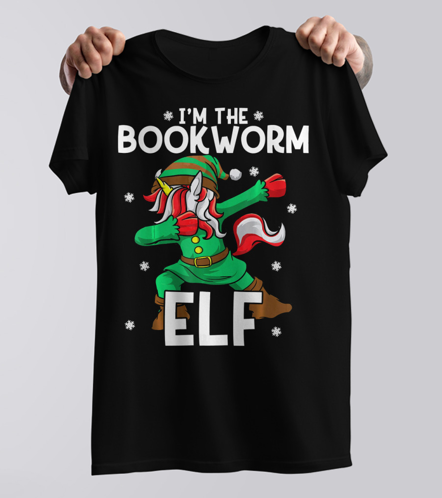 I'm The Bookworm Elf Unicorn Book Lover With Festive Dance And Snowflake Magic T-Shirt